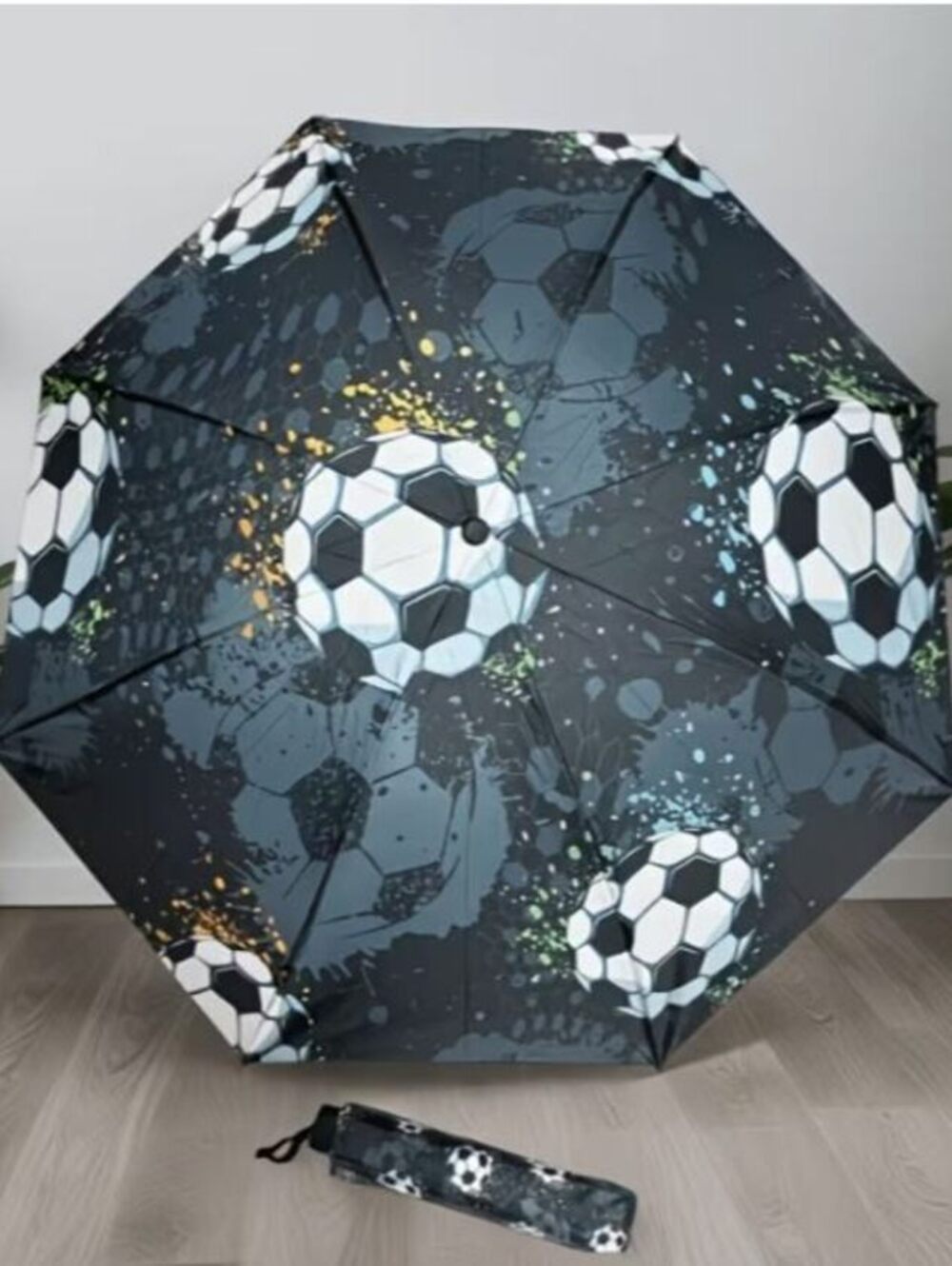 Soccer Ball Print Compact Folding Umbrella Windproof Lightweight Travel Rain UV